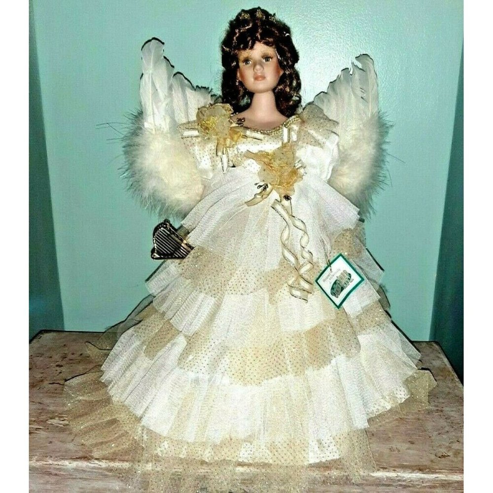Porcelain Angel Doll Collections Etc. Brunette on Stand Lace Feather Wings